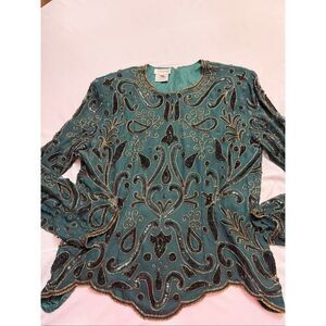 Stenay Women’s Silk Beaded Green Embellished Vintage Top Blouse Size XL